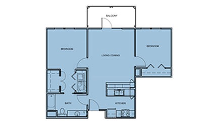 B0 - 2 bedroom floorplan layout with 1 bath and 867 square feet