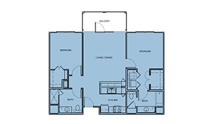 B1 - 2 bedroom floorplan layout with 2 bath and 1000 square feet