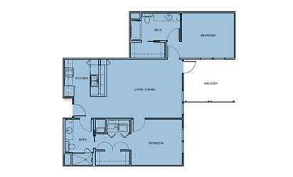 B2 - 2 bedroom floorplan layout with 2 bath and 1100 square feet