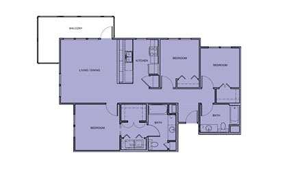 C1 - 3 bedroom floorplan layout with 2 bath and 1200 square feet