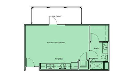 E1 - Studio floorplan layout with 1 bath and 524 square feet