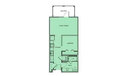 E2 - Studio floorplan layout with 1 bath and 535 square feet